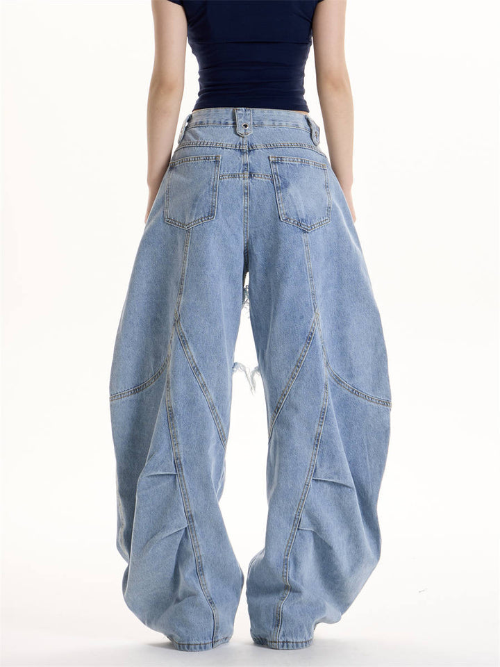 GKIKZ DOUBLE STRAP FRAYED PATCHWORK BAGGY JEANS
