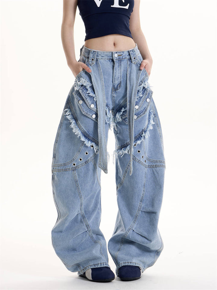 GKIKZ DOUBLE STRAP FRAYED PATCHWORK BAGGY JEANS