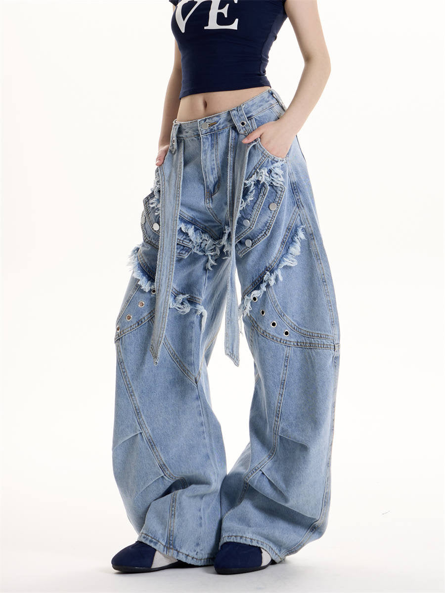 GKIKZ DOUBLE STRAP FRAYED PATCHWORK BAGGY JEANS