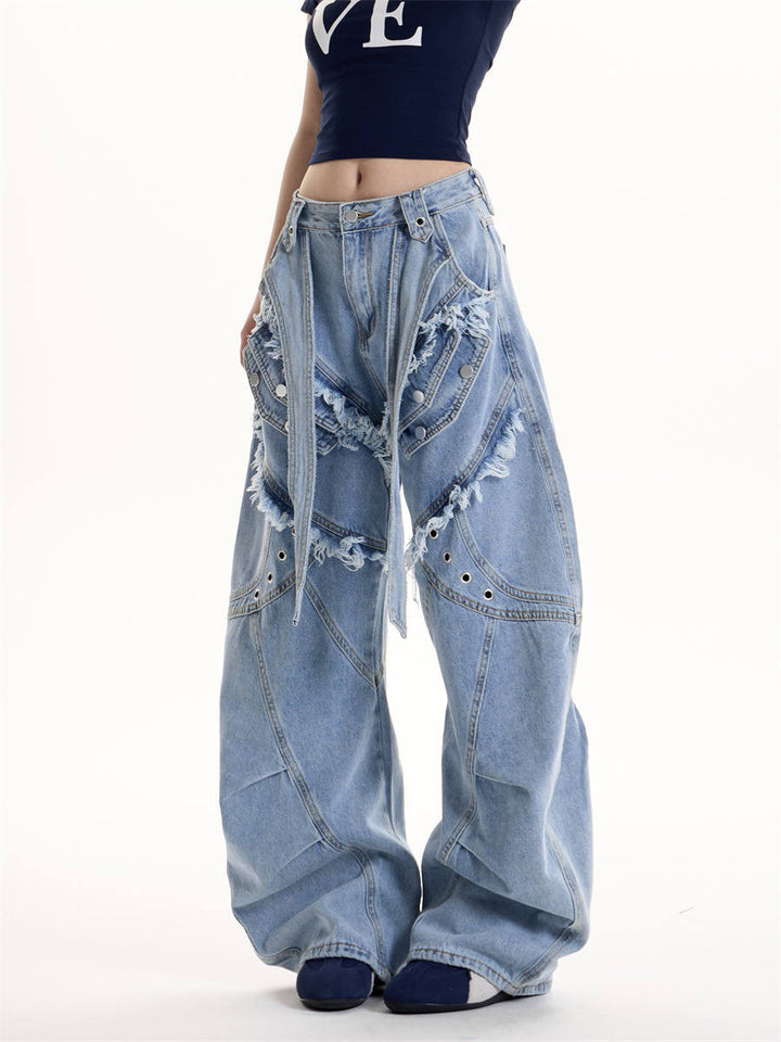 GKIKZ DOUBLE STRAP FRAYED PATCHWORK BAGGY JEANS