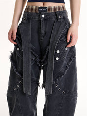 GKIKZ DOUBLE STRAP FRAYED PATCHWORK BAGGY JEANS