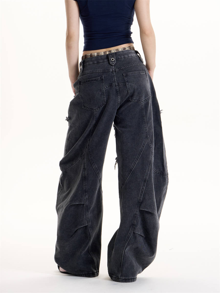 GKIKZ DOUBLE STRAP FRAYED PATCHWORK BAGGY JEANS