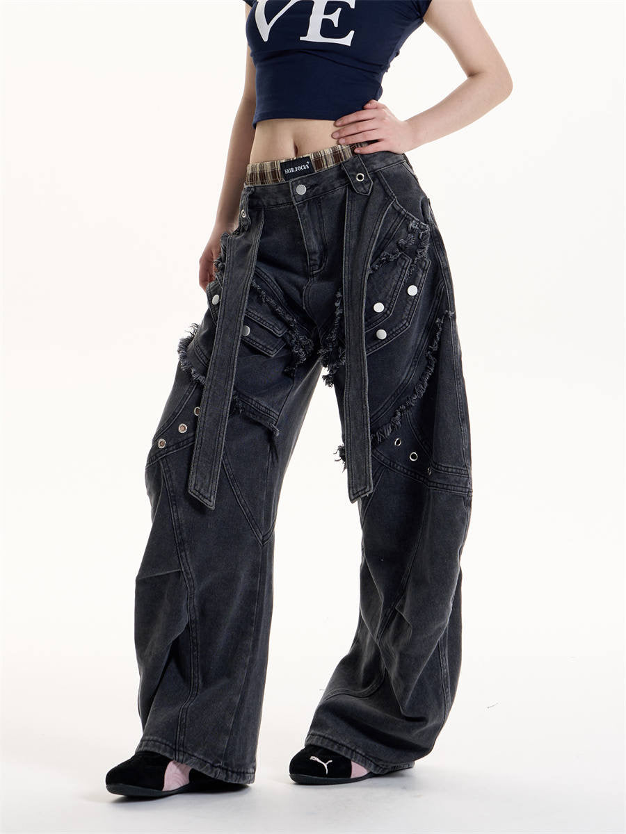 GKIKZ DOUBLE STRAP FRAYED PATCHWORK BAGGY JEANS