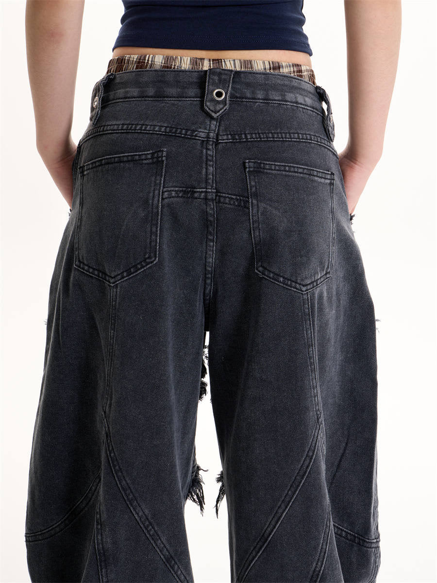 GKIKZ DOUBLE STRAP FRAYED PATCHWORK BAGGY JEANS