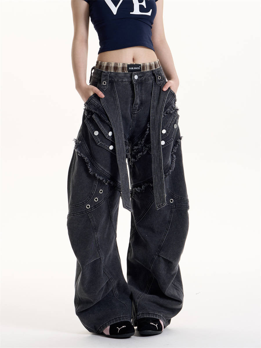 GKIKZ DOUBLE STRAP FRAYED PATCHWORK BAGGY JEANS