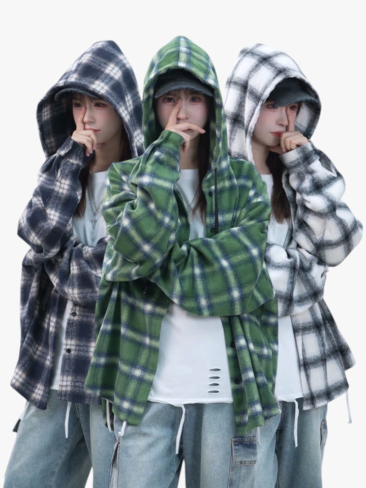 [25SS RESTOCKS] GKIKZ PLAID PREMIUM COTTON MID-LENGTH HOODED JACKET