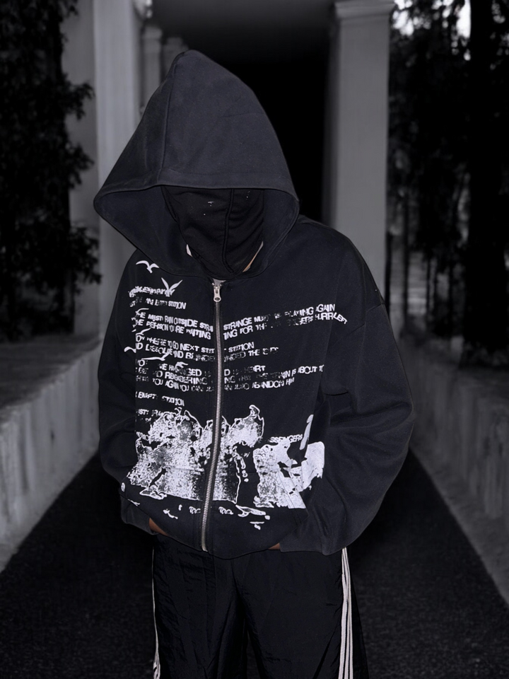 [25SS RESTOCKS] GKIKZ RETRO DISTRESSED BLACK-ENERGY ZIPPER HOODIE