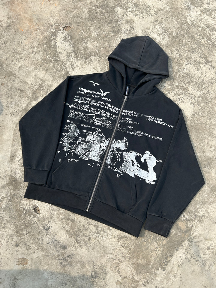 [25SS RESTOCKS] GKIKZ RETRO DISTRESSED BLACK-ENERGY ZIPPER HOODIE