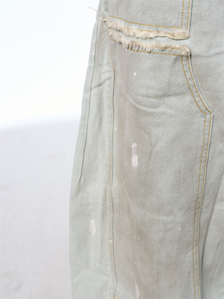 Retro Washed Distressed Machete Loose Jeans