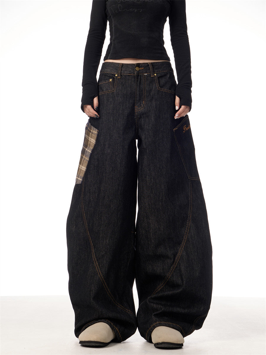 GKIKZ RETRO PLAID BIG POCKET SCIMITAR BAGGY JEANS