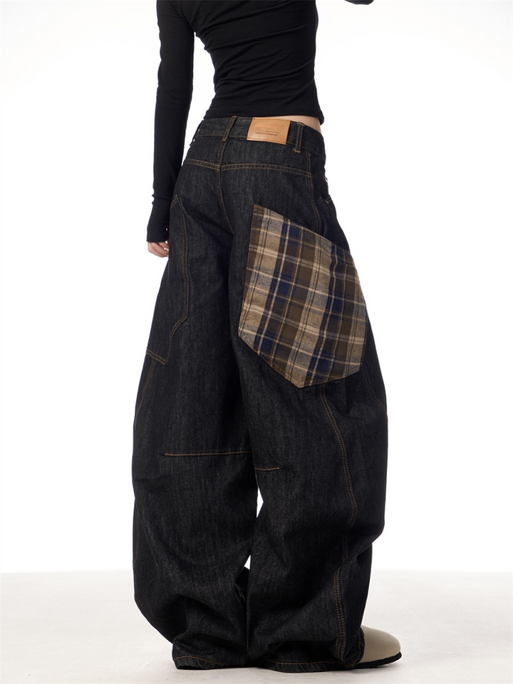 GKIKZ RETRO PLAID BIG POCKET SCIMITAR BAGGY JEANS