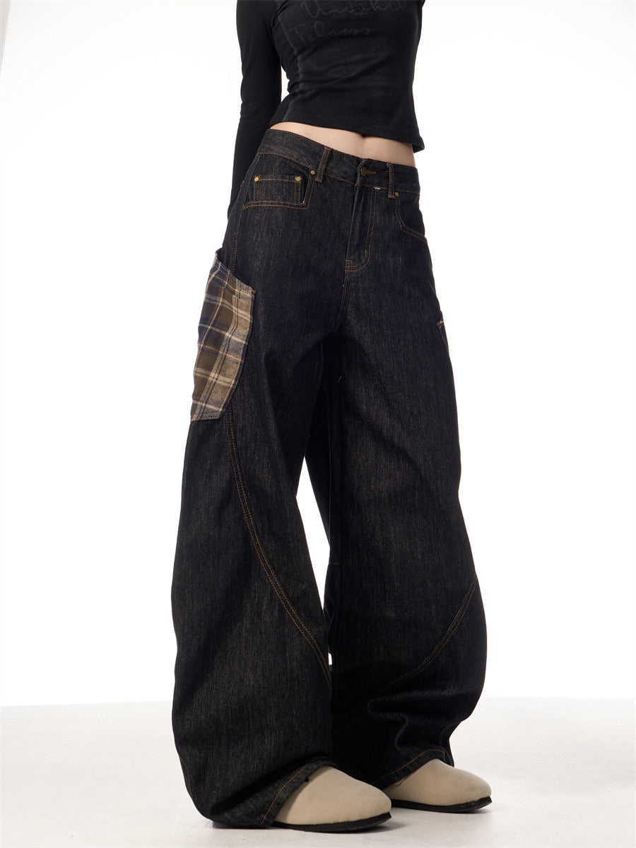 GKIKZ RETRO PLAID BIG POCKET SCIMITAR BAGGY JEANS