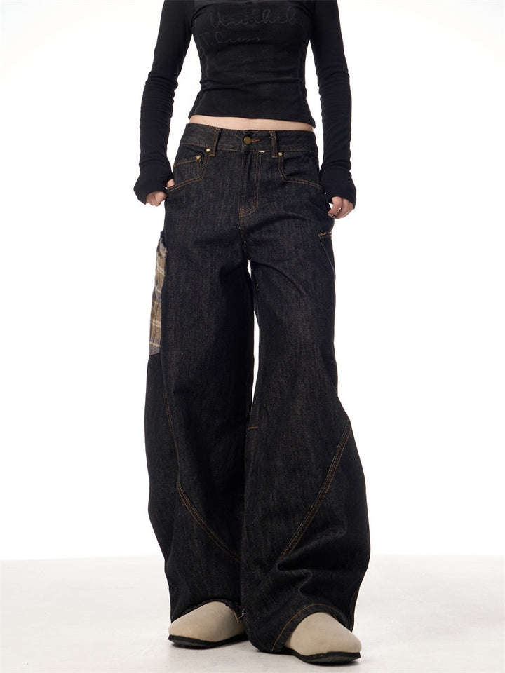 GKIKZ RETRO PLAID BIG POCKET SCIMITAR BAGGY JEANS