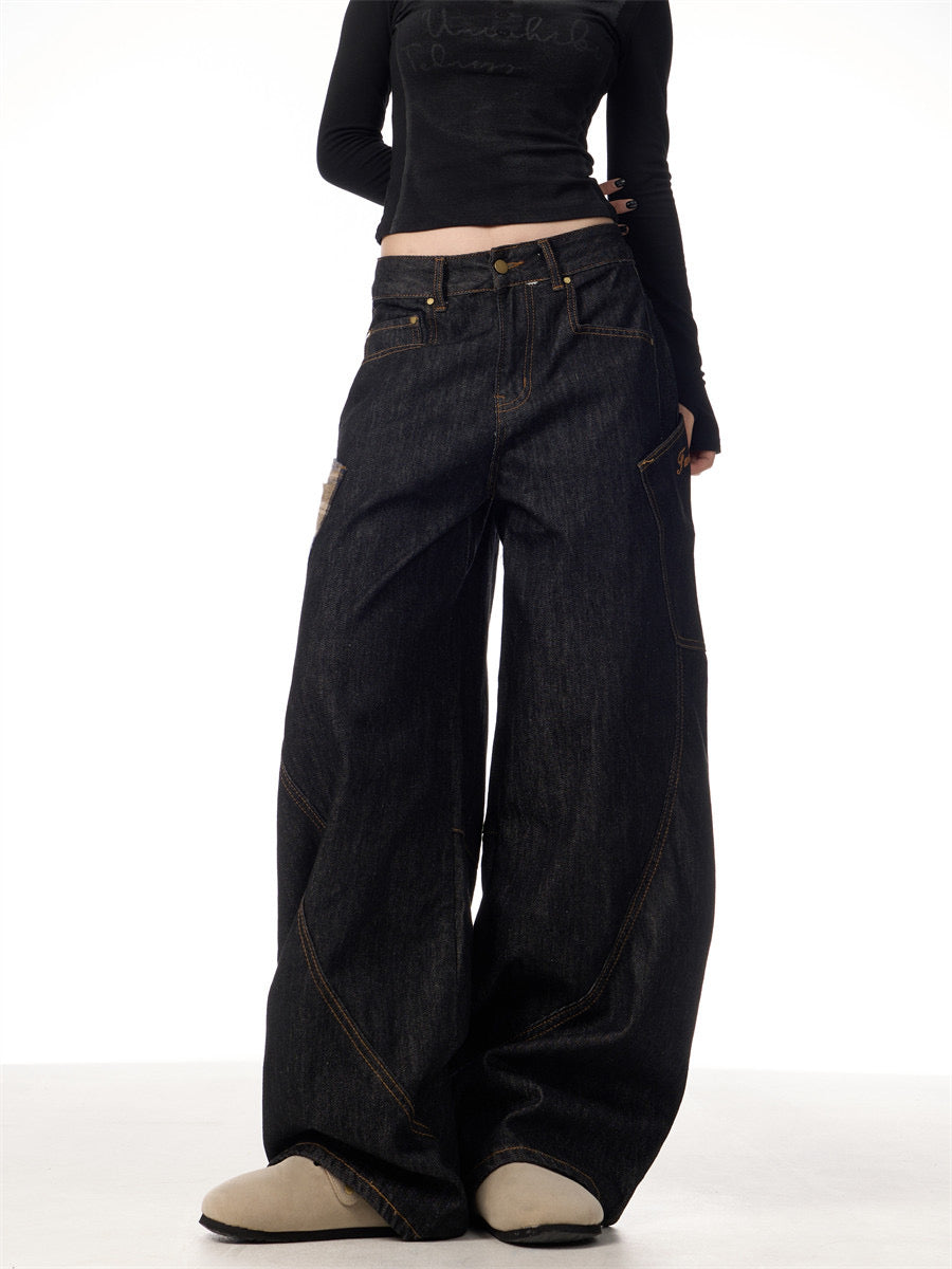 GKIKZ RETRO PLAID BIG POCKET SCIMITAR BAGGY JEANS