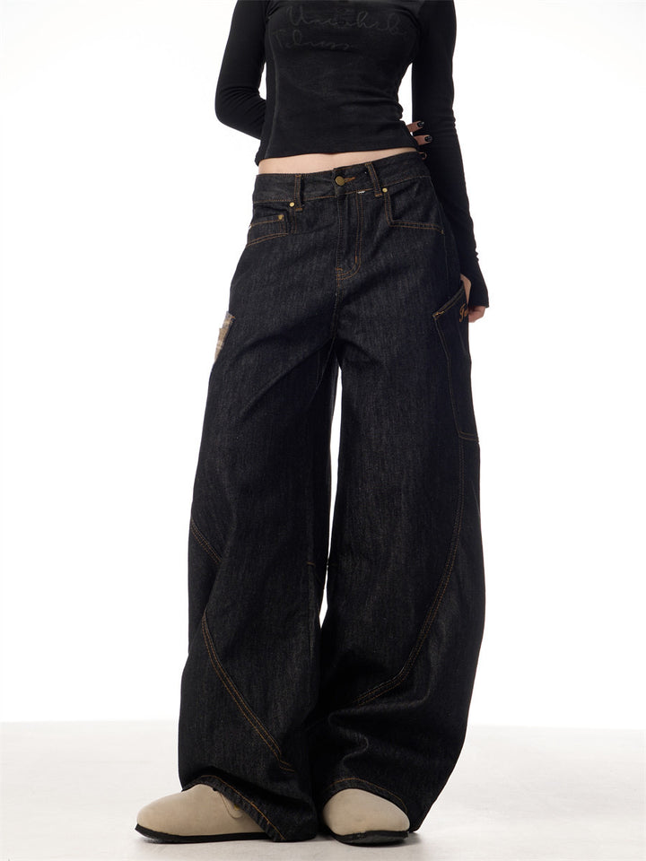 GKIKZ RETRO PLAID BIG POCKET SCIMITAR BAGGY JEANS