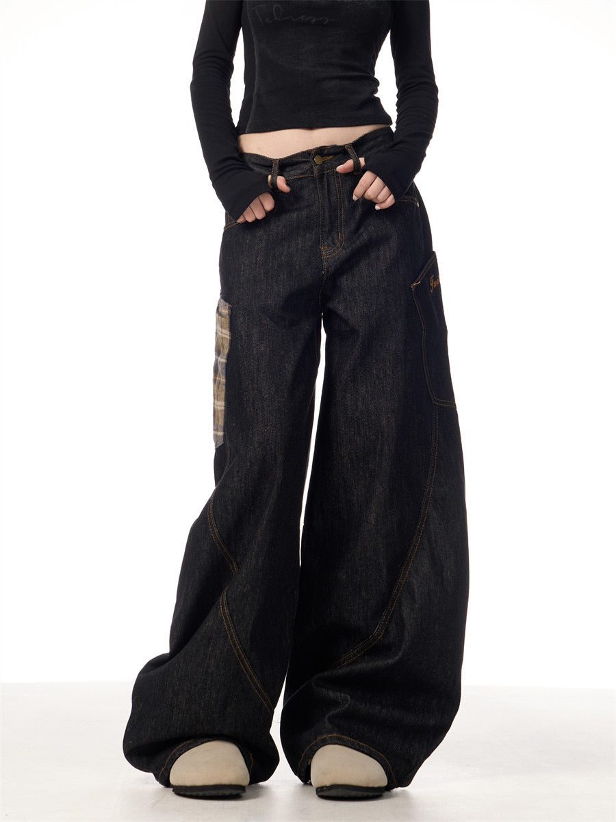 GKIKZ RETRO PLAID BIG POCKET SCIMITAR BAGGY JEANS