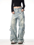 GKIKZ RETRO TIE-DYED WASHED WIDE-LEG CARGO JEANS
