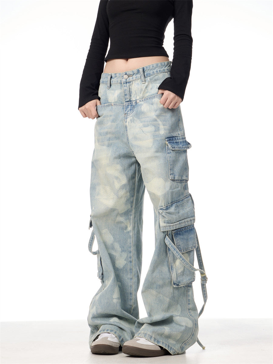GKIKZ RETRO TIE-DYED WASHED WIDE-LEG CARGO JEANS