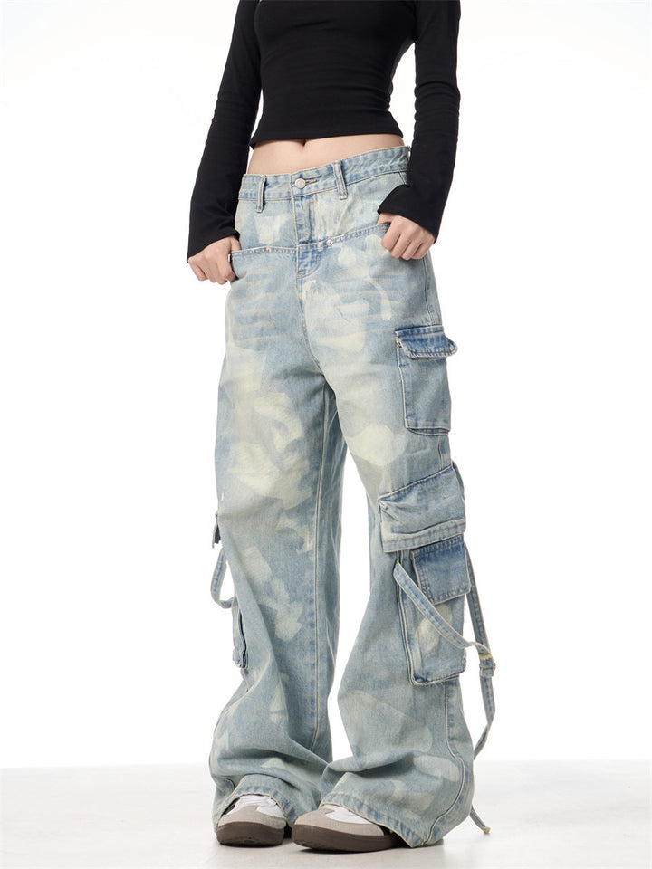 GKIKZ RETRO TIE-DYED WASHED WIDE-LEG CARGO JEANS