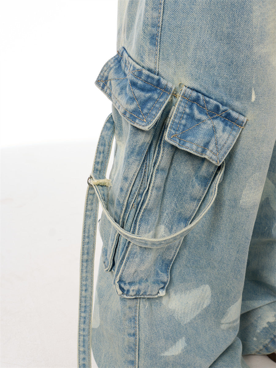 GKIKZ RETRO TIE-DYED WASHED WIDE-LEG CARGO JEANS