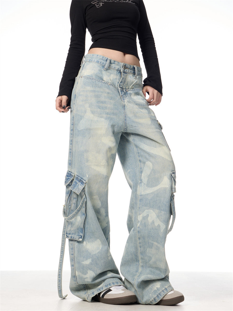 GKIKZ RETRO TIE-DYED WASHED WIDE-LEG CARGO JEANS