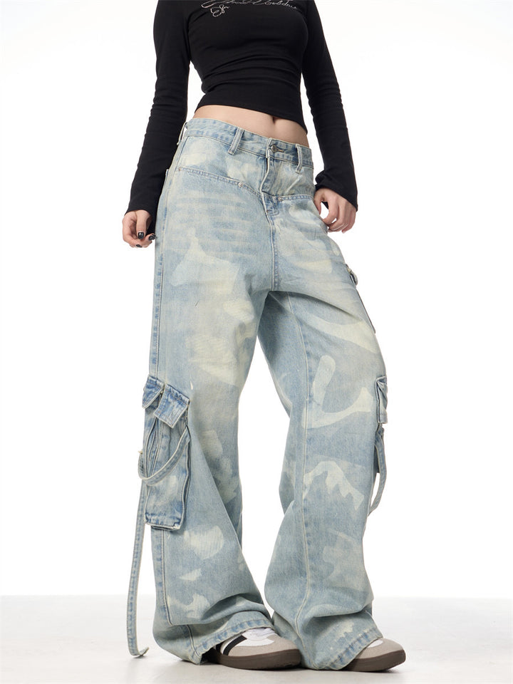 GKIKZ RETRO TIE-DYED WASHED WIDE-LEG CARGO JEANS