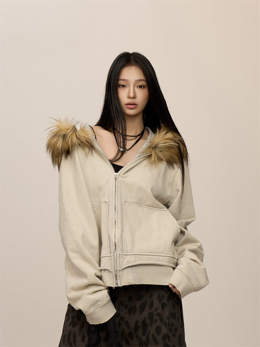 [CHRISTMAS SPECIAL RESTOCK] GKIKZ FROST WHISPERER FURRY CARDIGAN ZIPPER JACKET