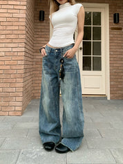 [25SS NEW ARRIVAL] GKIKZ FADED WASHED MOPPING WIDE-LEG HEAVY DENIM