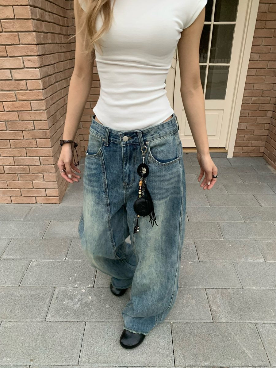 [25SS NEW ARRIVAL] GKIKZ FADED WASHED MOPPING WIDE-LEG HEAVY DENIM