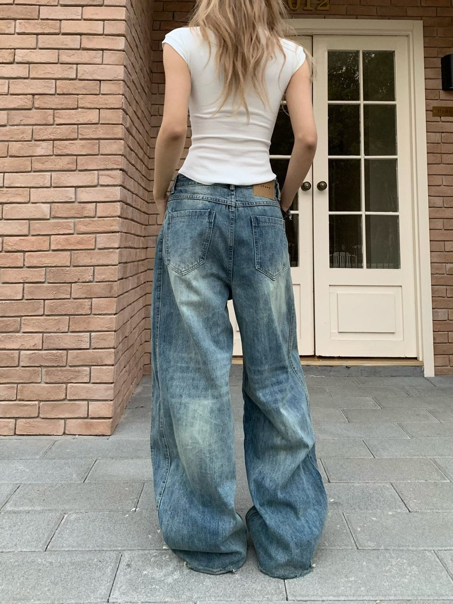 [25SS NEW ARRIVAL] GKIKZ FADED WASHED MOPPING WIDE-LEG HEAVY DENIM