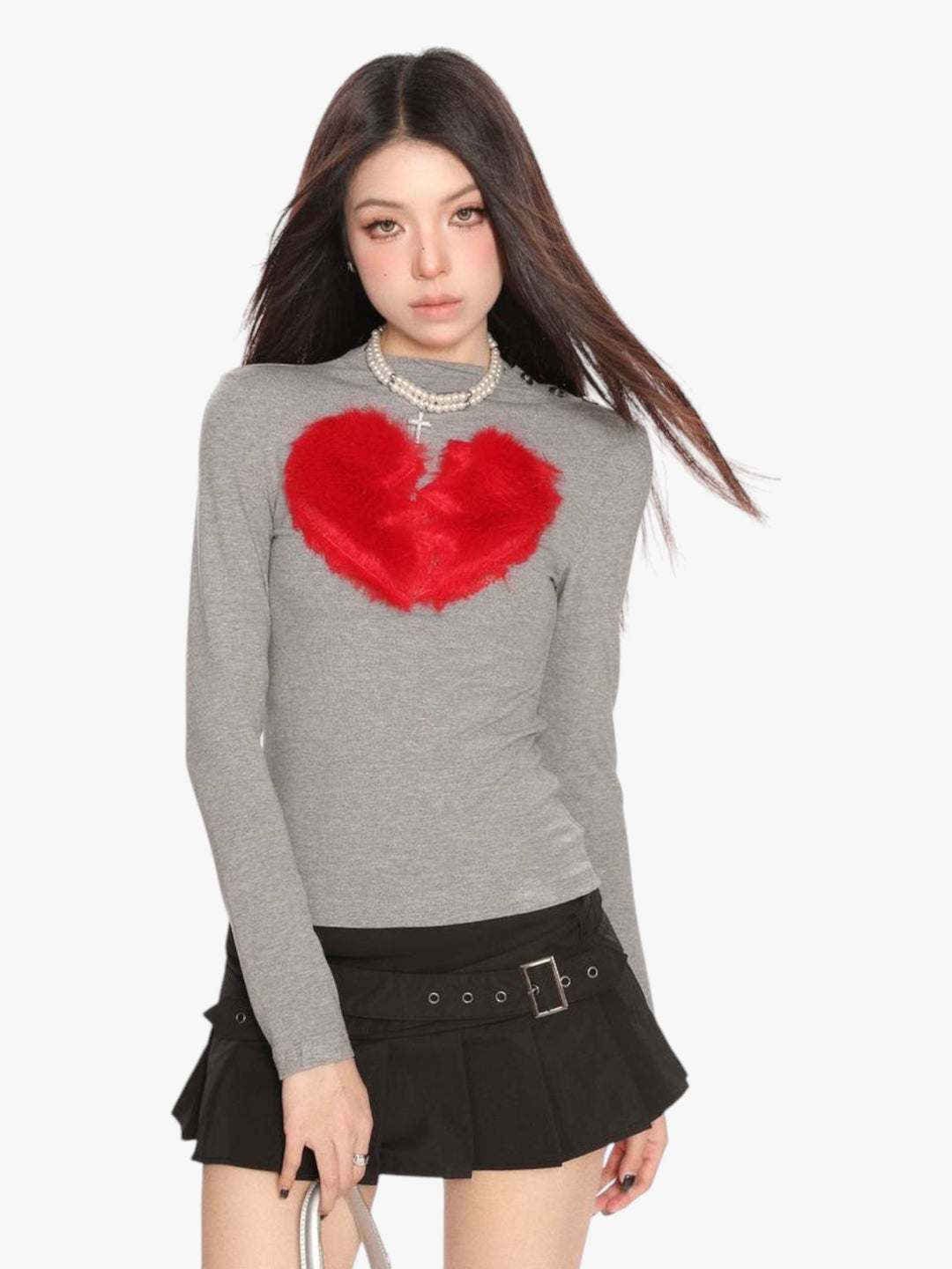 GKIKZ BROKEN HEART FAUX FUR LONG-SLEEVE TOP