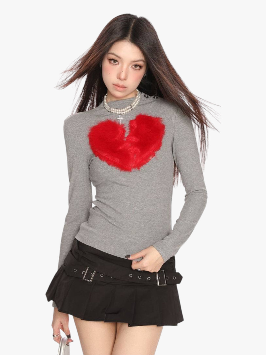 GKIKZ BROKEN HEART FAUX FUR LONG-SLEEVE TOP