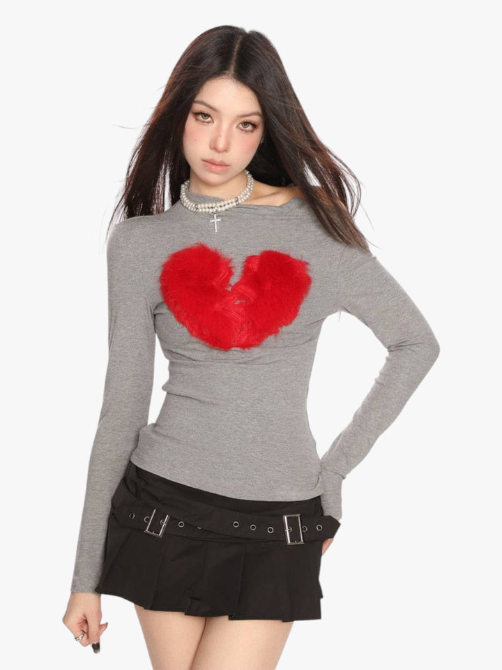 GKIKZ BROKEN HEART FAUX FUR LONG-SLEEVE TOP