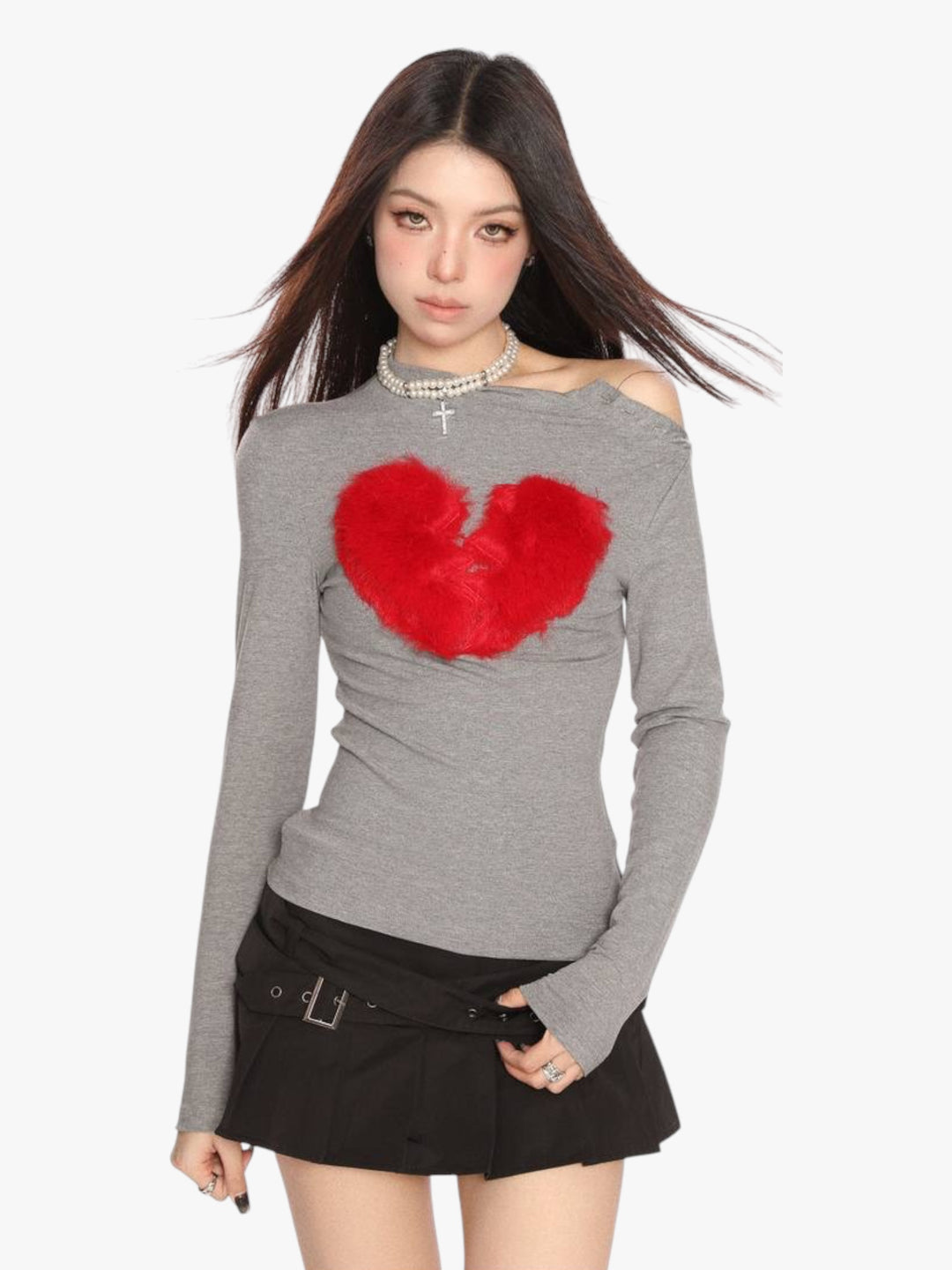GKIKZ BROKEN HEART FAUX FUR LONG-SLEEVE TOP