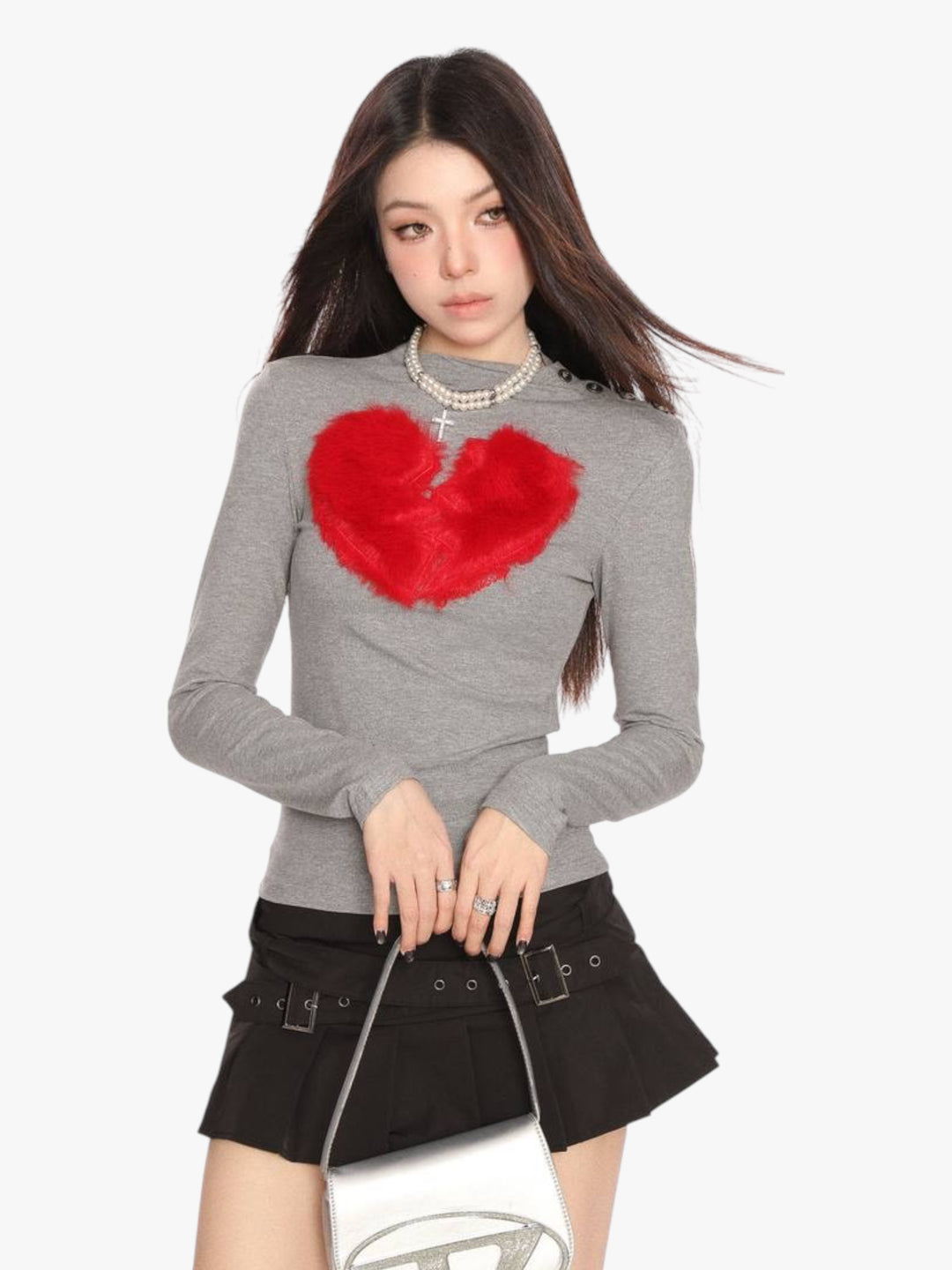 GKIKZ BROKEN HEART FAUX FUR LONG-SLEEVE TOP