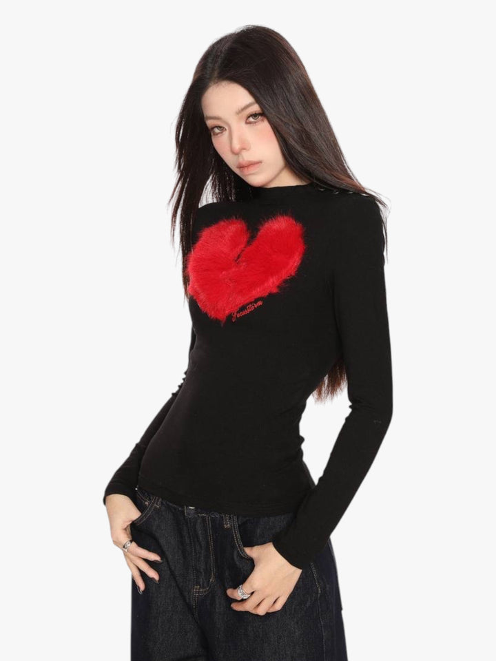 GKIKZ BROKEN HEART FAUX FUR LONG-SLEEVE TOP