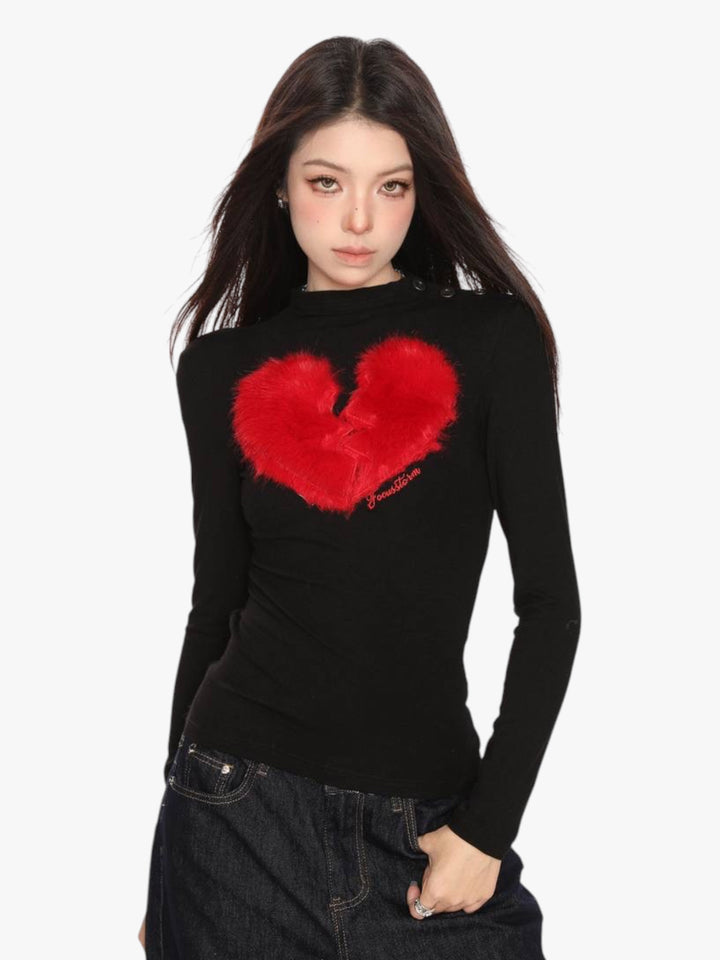 GKIKZ BROKEN HEART FAUX FUR LONG-SLEEVE TOP
