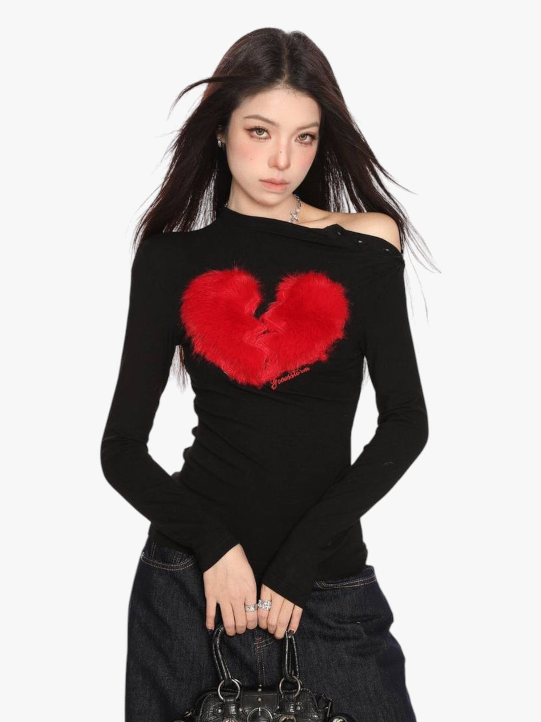 GKIKZ BROKEN HEART FAUX FUR LONG-SLEEVE TOP
