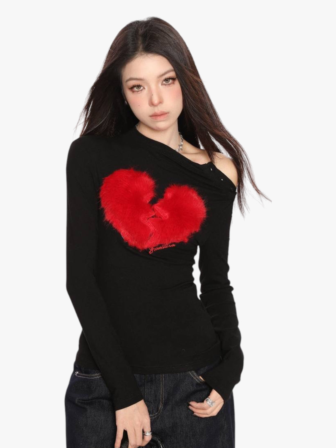 GKIKZ BROKEN HEART FAUX FUR LONG-SLEEVE TOP