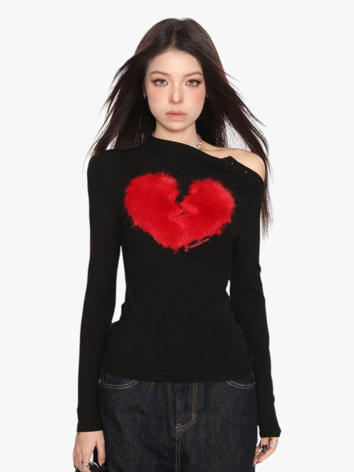 GKIKZ BROKEN HEART FAUX FUR LONG-SLEEVE TOP