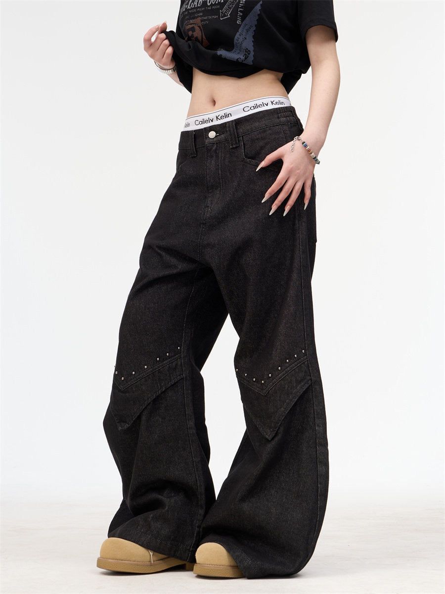 Studded Silhouette Baggy Wide-Leg Denim