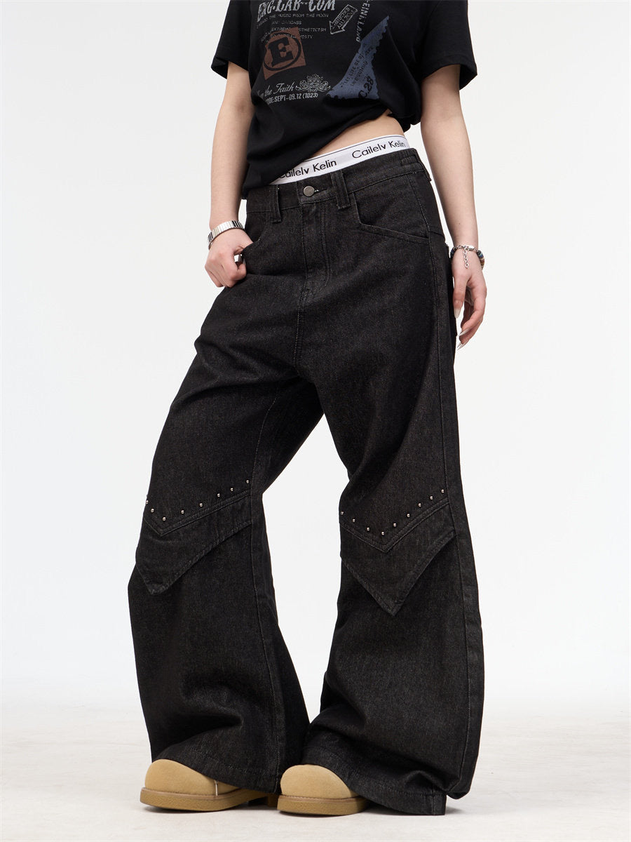 Studded Silhouette Baggy Wide-Leg Denim