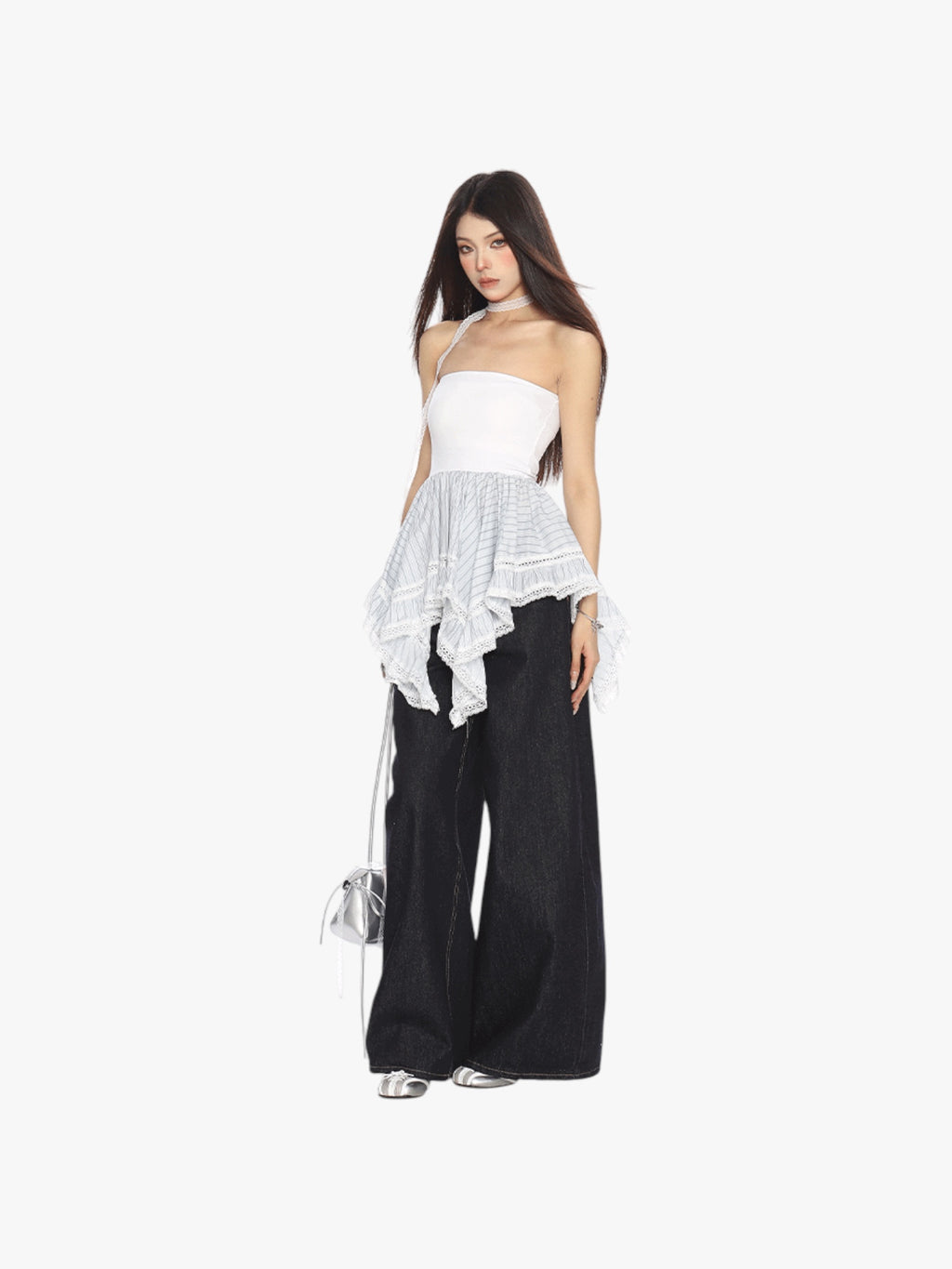 GKIKZ LACE TRIMMED HANDKERCHEIF PEPLUM TUBE TOP