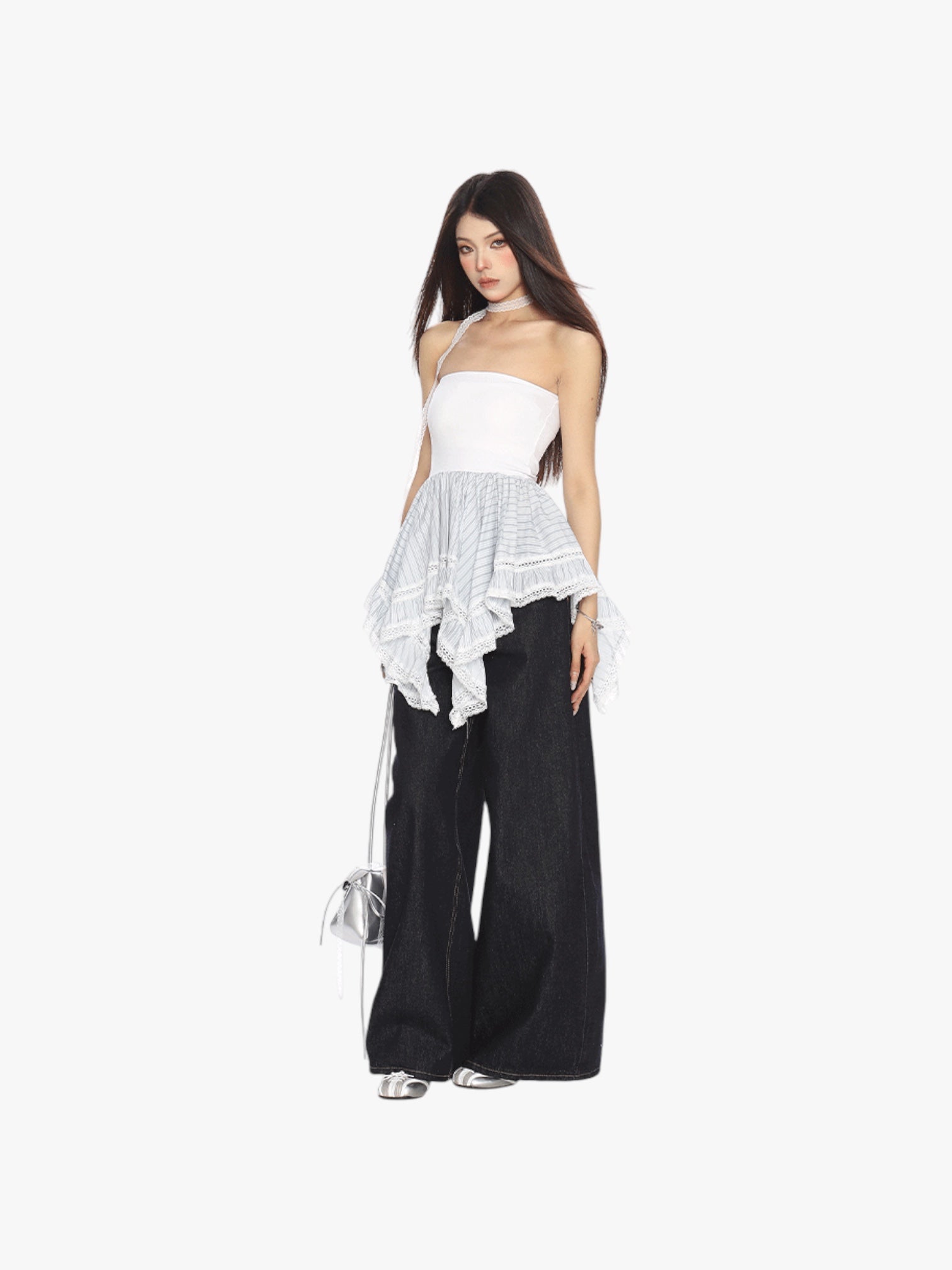 GKIKZ LACE TRIMMED HANDKERCHEIF PEPLUM TUBE TOP
