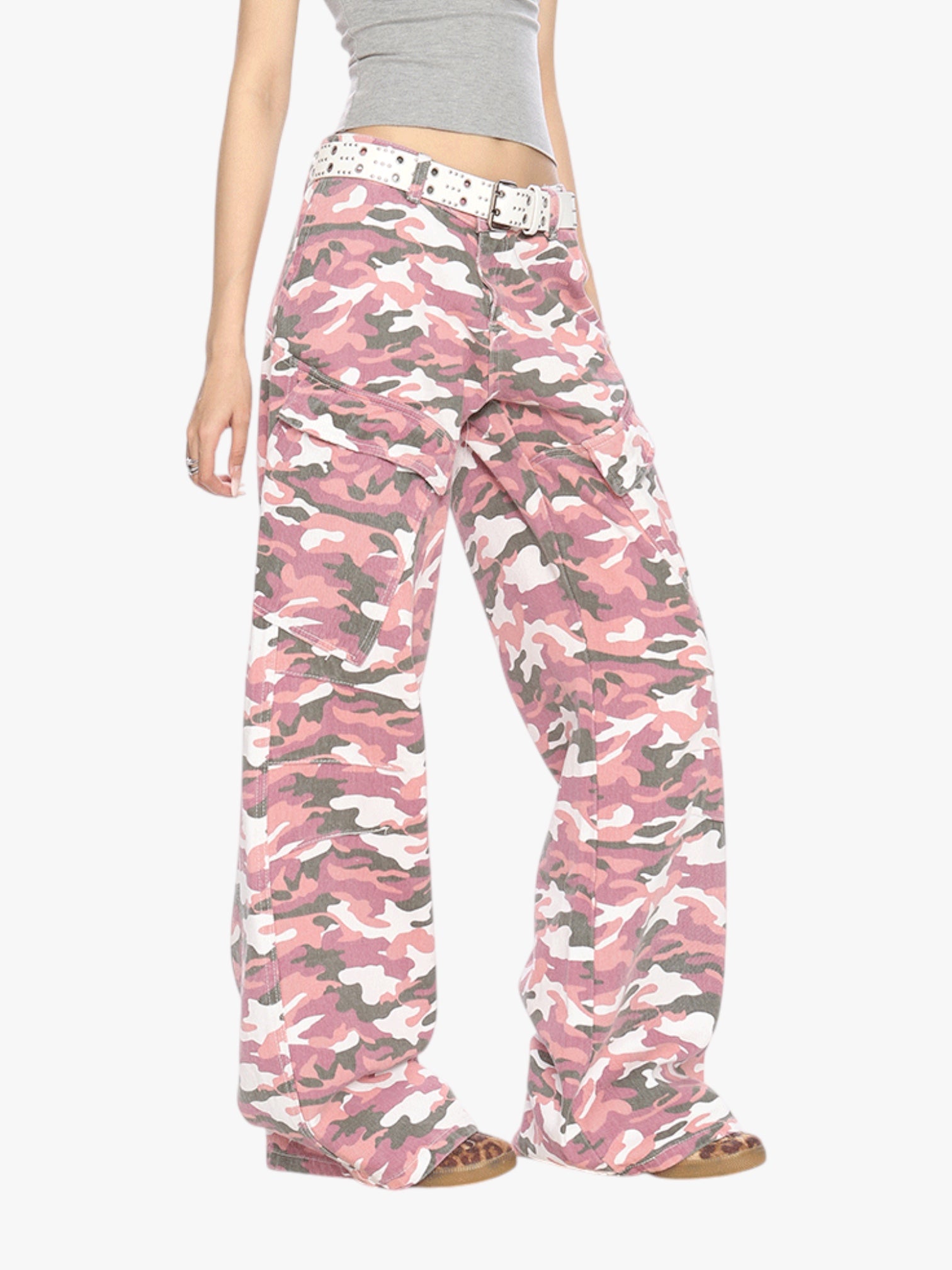 [25SS NEW ARRIVAL] GKIKZ PINK CAMOUFLAGE CARGO BOOTCUT PANTS
