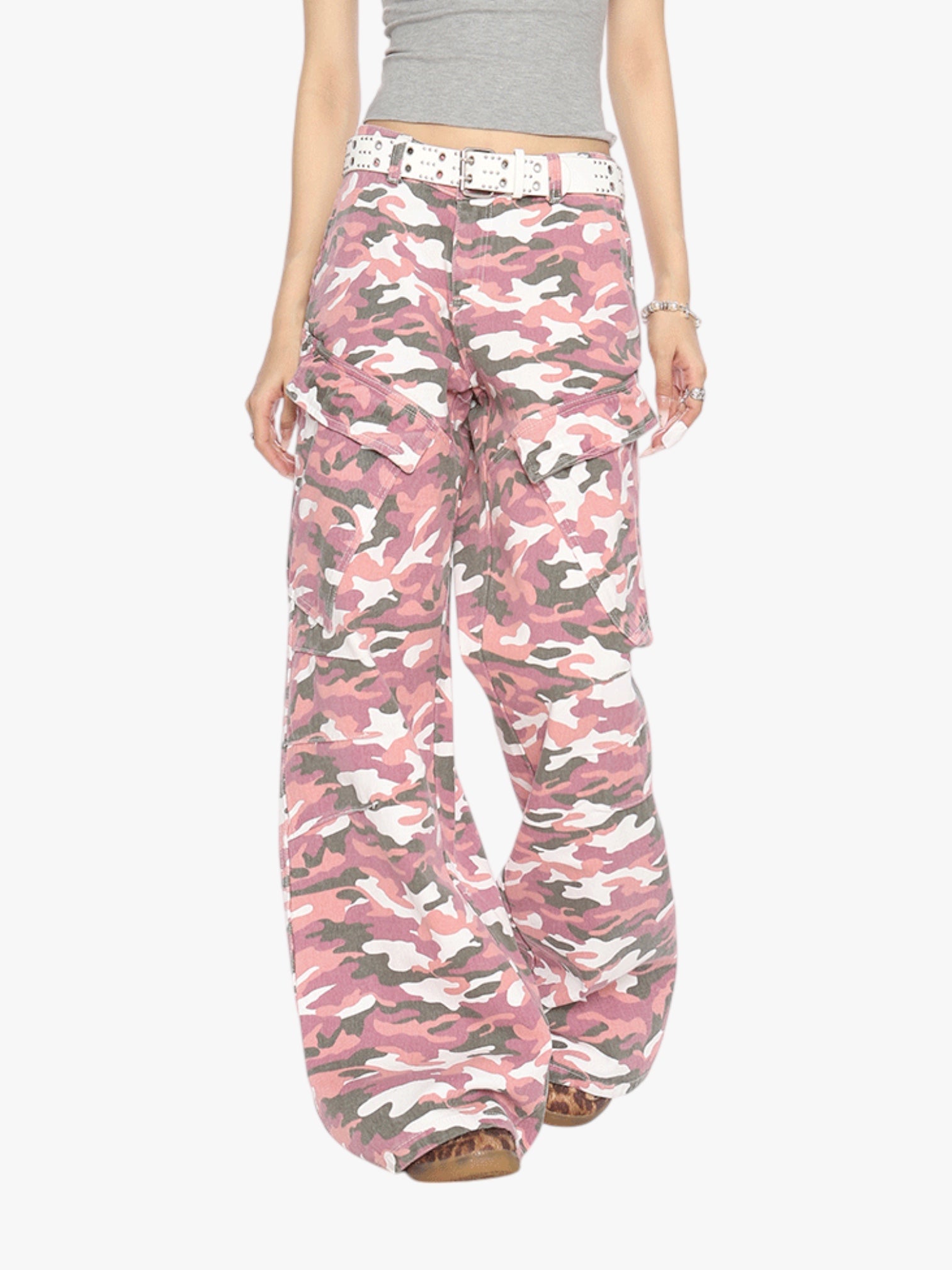 [25SS NEW ARRIVAL] GKIKZ PINK CAMOUFLAGE CARGO BOOTCUT PANTS
