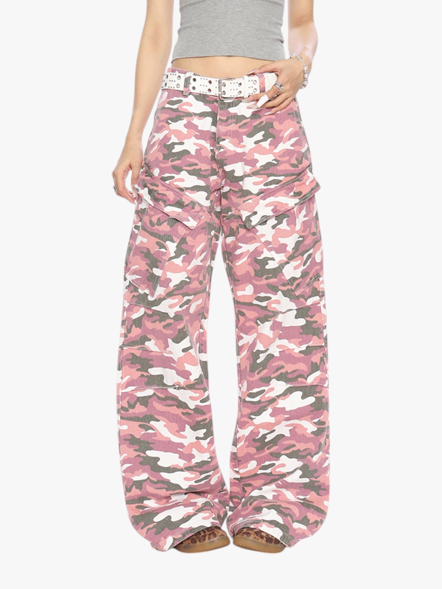 [25SS NEW ARRIVAL] GKIKZ PINK CAMOUFLAGE CARGO BOOTCUT PANTS