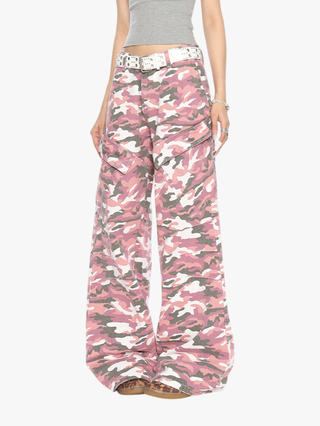 GKIKZ PINK CAMOUFLAGE CARGO BOOTCUT PANTS