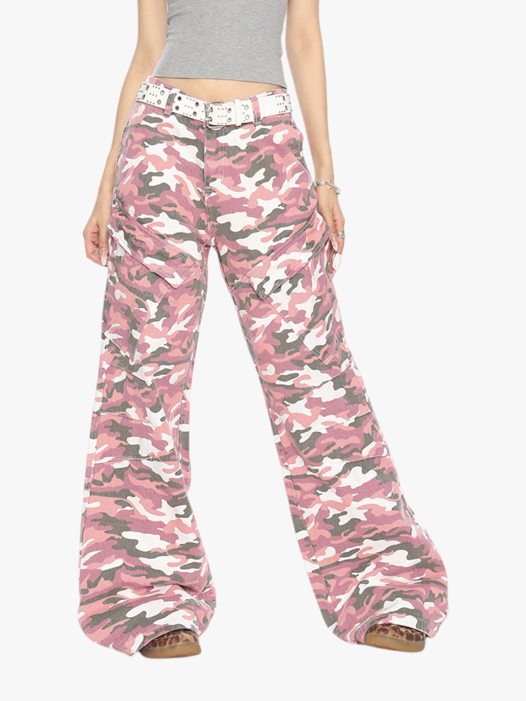 GKIKZ PINK CAMOUFLAGE CARGO BOOTCUT PANTS