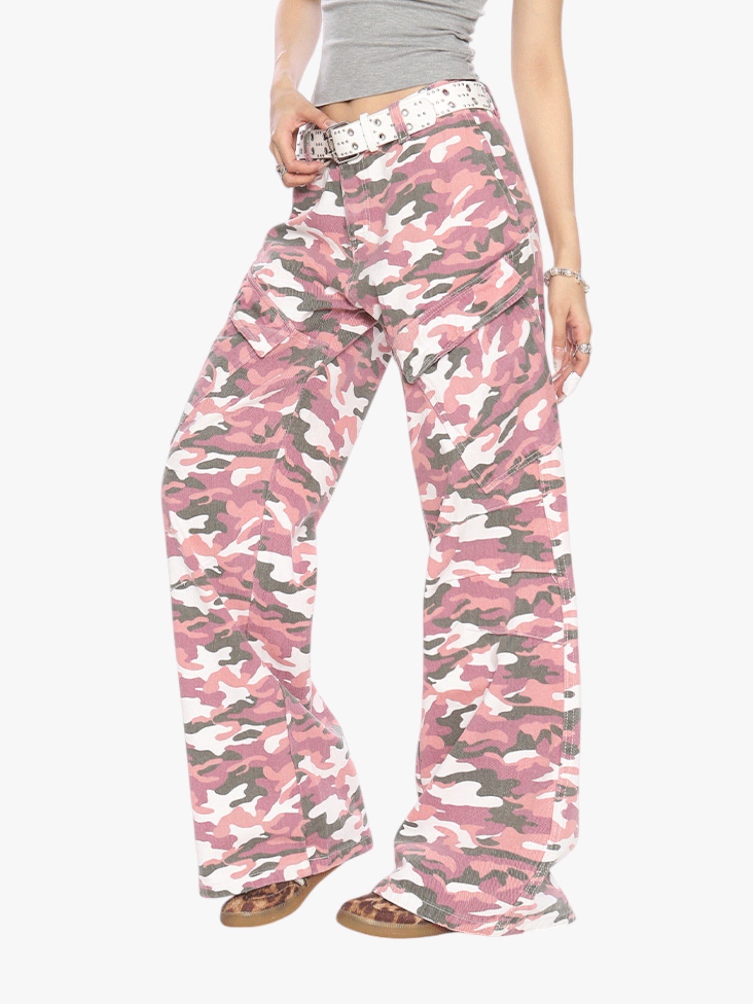 [25SS NEW ARRIVAL] GKIKZ PINK CAMOUFLAGE CARGO BOOTCUT PANTS